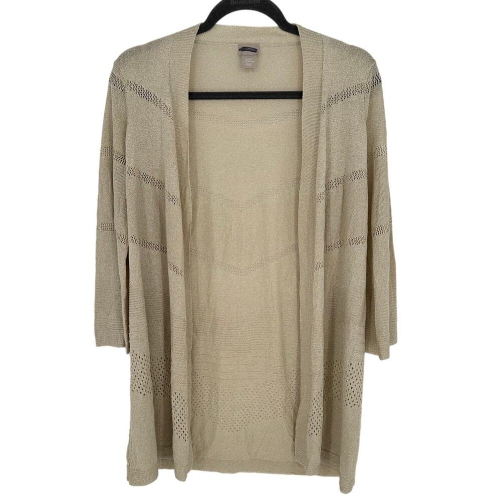 Chico's Gold Metallic Cardigan Open Front Long Sleeve Pointelle Knit Petite 2P